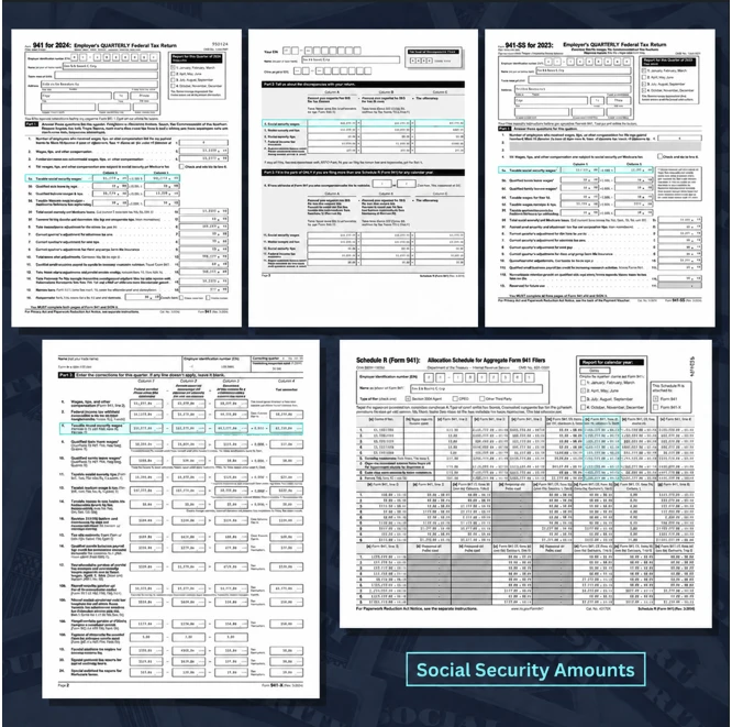 Five Form 941 family filings (941, Schedule D, 941-SS, 941-X, and Schedule R) with the Social Security amounts highlighted on each