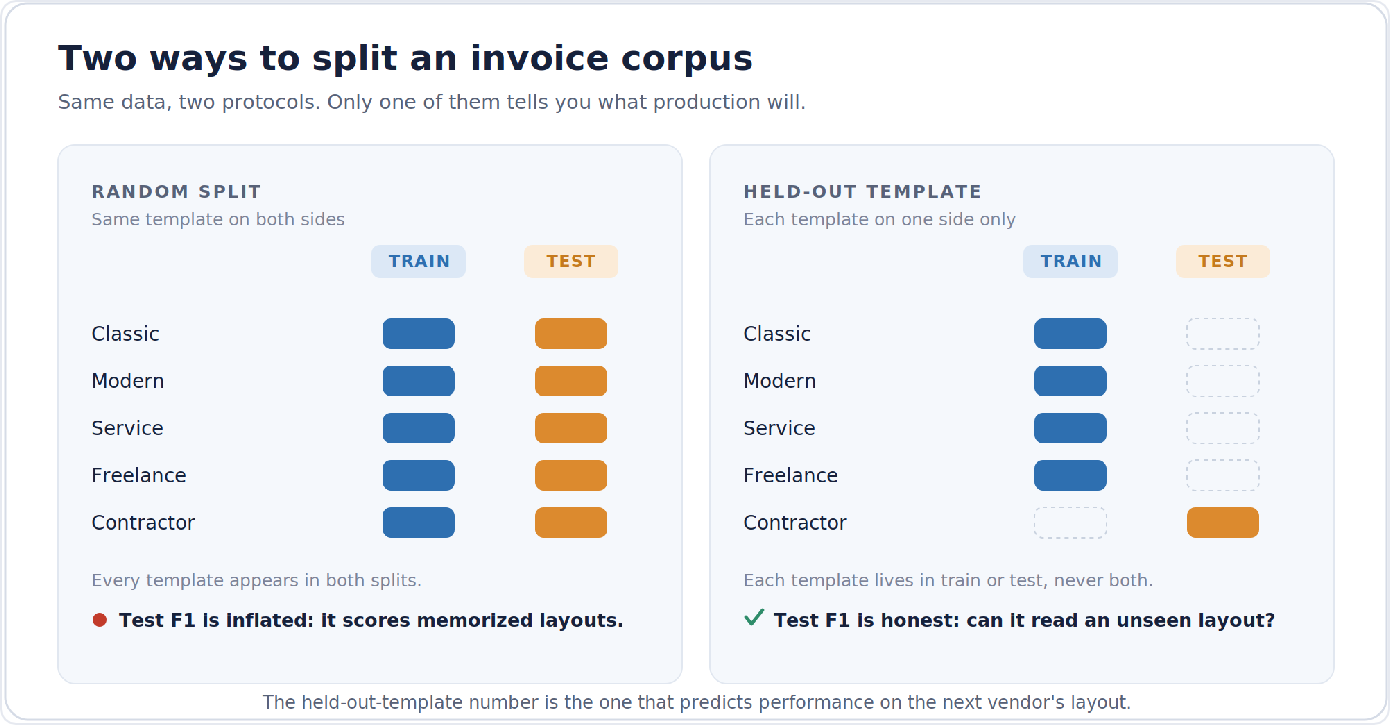 Two ways to split an invoice corpus: a random split scores memorized layouts, a held-out-template split measures generalization to an unseen layout